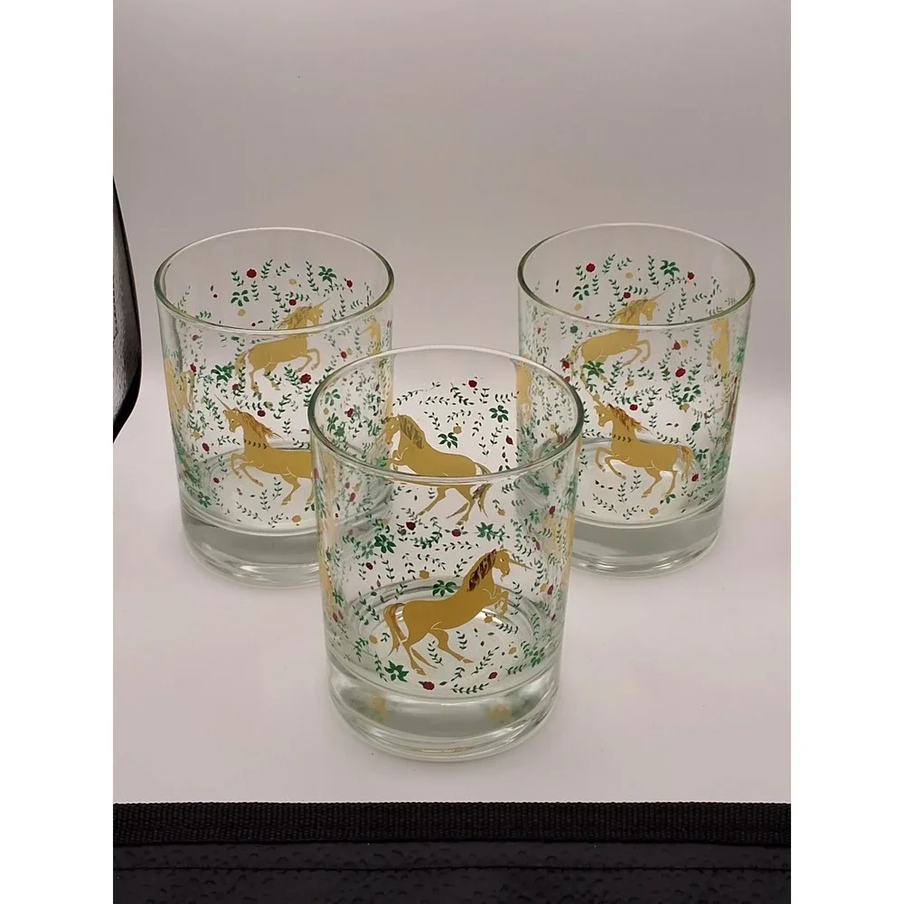 Vintage Unicorn Rocks Glasses Set of 3 Gold Floral Lowball Whiskey Tumblers